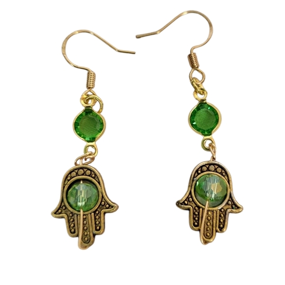 18K Goldplated Faceted Zircon Green Gold Hamsa Earrings - Picture 2 of 3